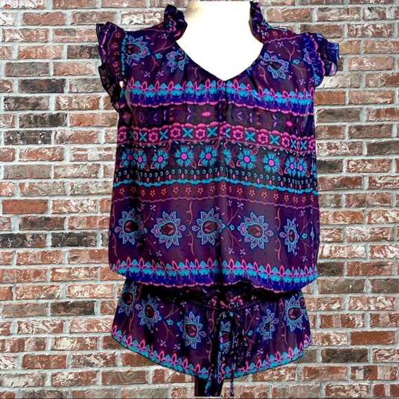 Ali & Kris Tops - Ali &Kris sheer blue & purple floral, ruffled top / S / Excellent condition